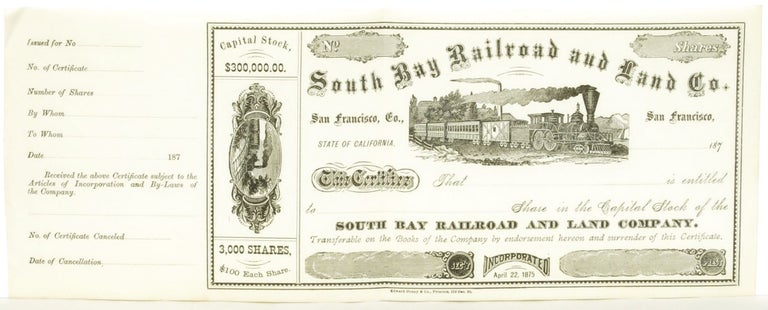 Item #103749 South Bay Railroad and Land Co. Stock Certificate. Captain H. H. Buhne.