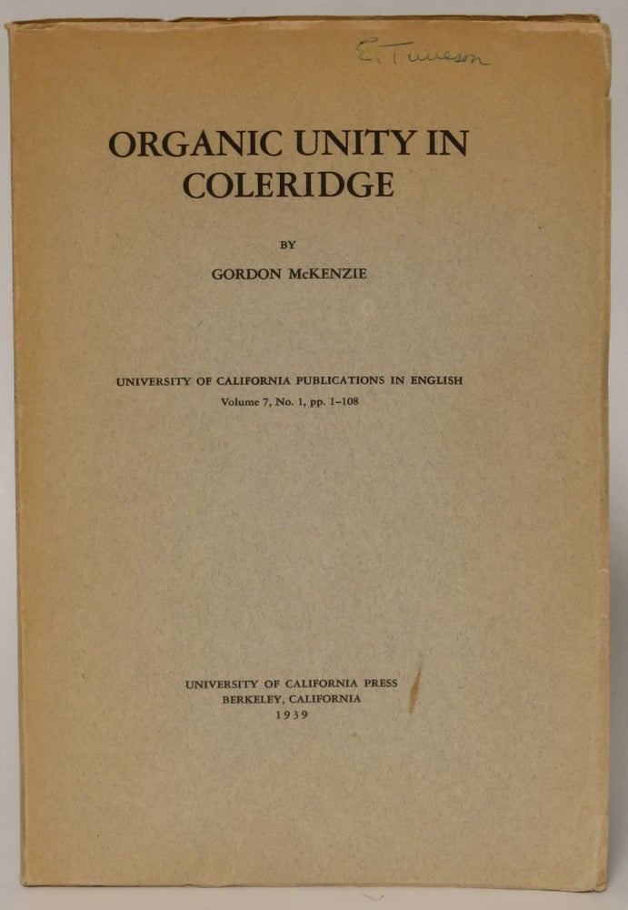 Item #130442 Organic Unity in Coleridge. Gordon McKenzie.