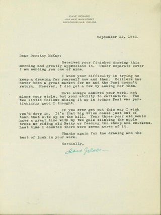 Item #142140 Typed letter, Signed from the Indiana Cartoonist. Dave Gerard