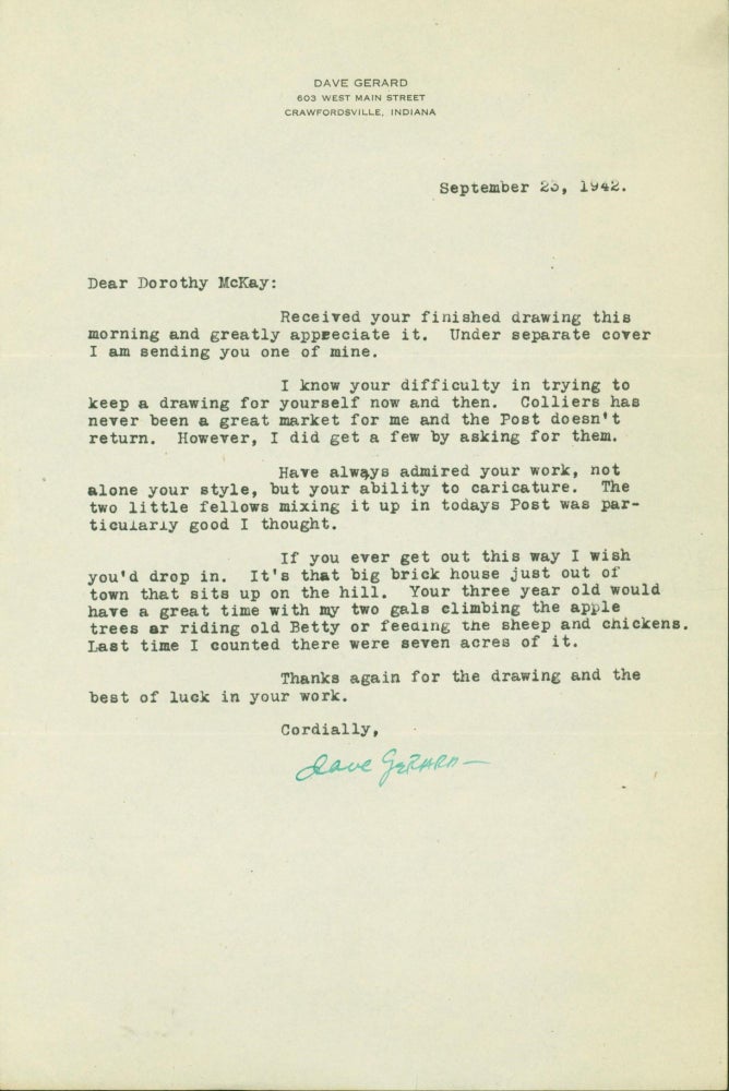 Item #142140 Typed letter, Signed from the Indiana Cartoonist. Dave Gerard.