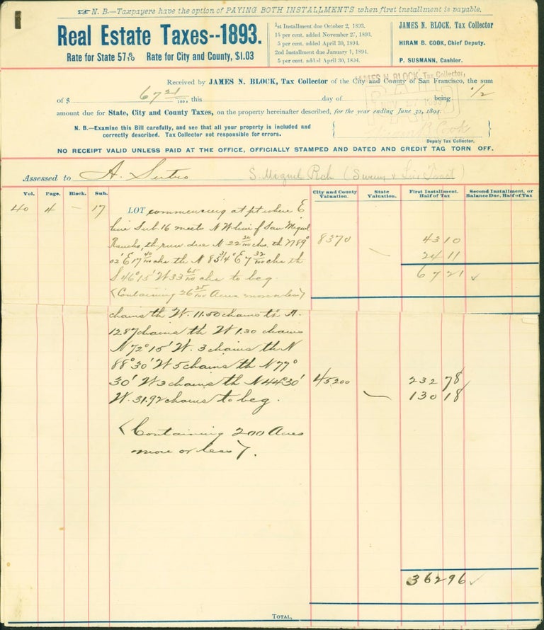 Item #144985 Real Estate Taxes - 1893 - for City and County of San Francisco Relating to the Rancho San Miguel. Adolph Sutro.
