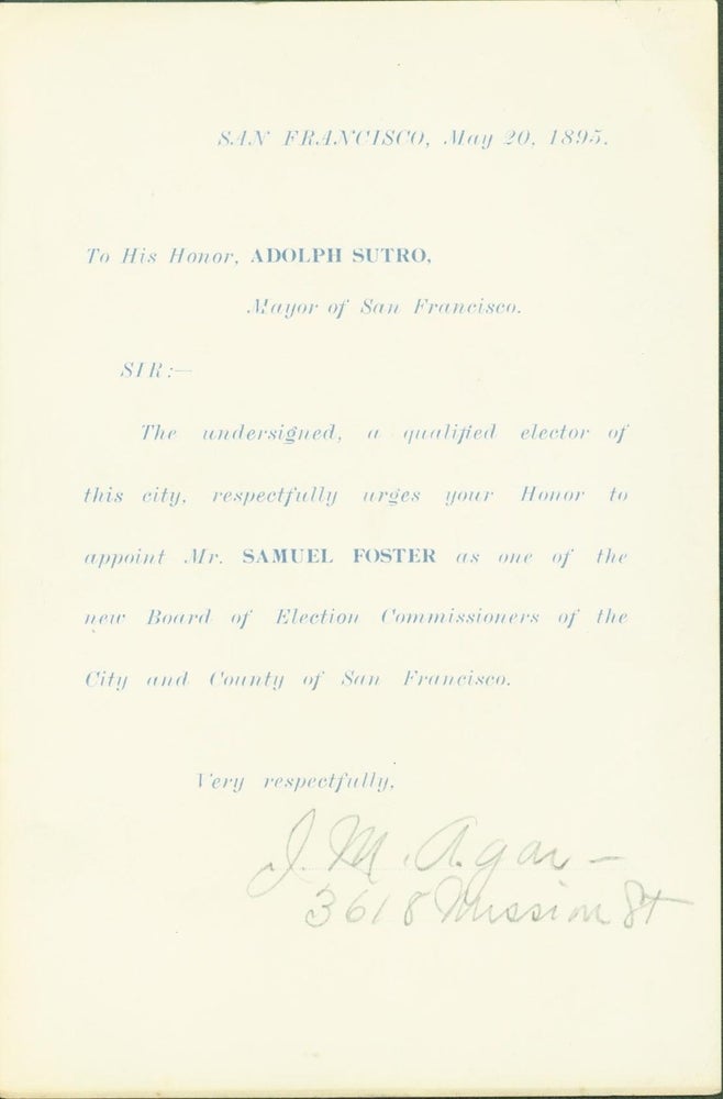 Item #228801 Form Letter to Adolph Sutro in Support of Samuel Foster