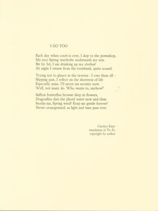 Item #263929 I Go Too (Broadside). Tu. Kizer Fu, Carolyn