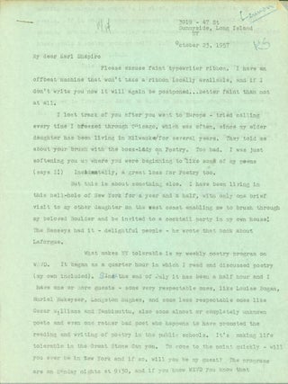 Item #264338 Two page typed letter signed to Karl Shapiro, October 23, 1957. Florence Becker Lennon