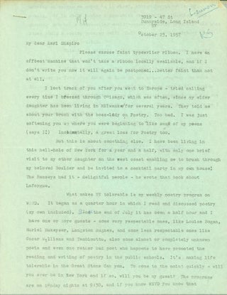 Item #264338 Two page typed letter signed to Karl Shapiro, October 23, 1957. Florence Becker Lennon