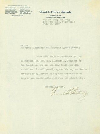 Item #264808 Typed letter signed. Samuel M. Shortridge
