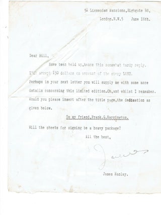 Item #265484 Typed Letter Signed. James Hanley