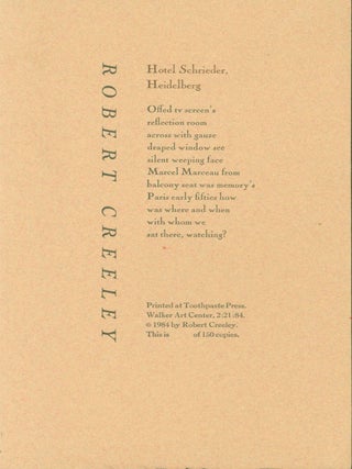 Item #265535 Hotel Schrieder, Heidelberg (broadside). Robert Creeley