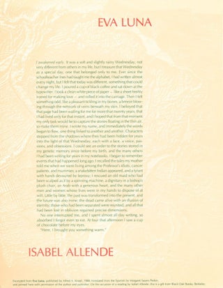 Item #265536 Eva Luna (broadside). Isabel Allende