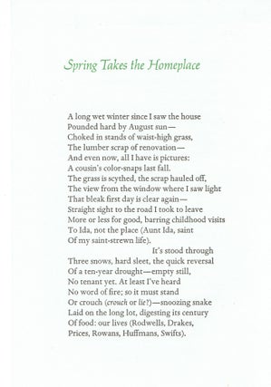 Item #265890 Spring Takes the Homeplace. Reynolds Price