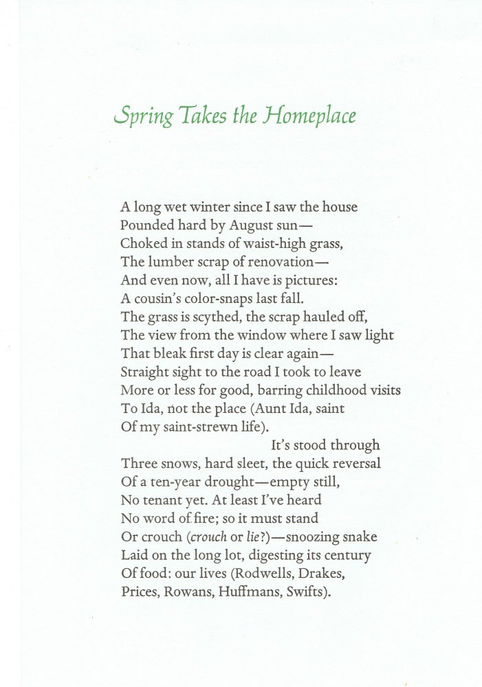 Item #265890 Spring Takes the Homeplace. Reynolds Price.