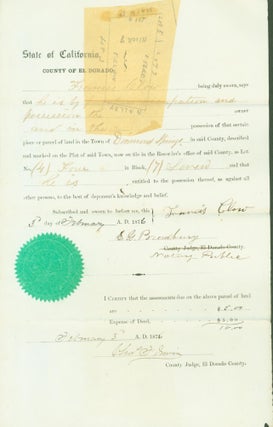 Item #266445 Deed for land in Diamond Springs, County of El Dorado, California, 1876, Lot 4,...