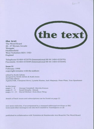 Item #266773 The Text, Issue #11 (Beat Thing). Keith Jafrate, David. George Campbell. Sarah...