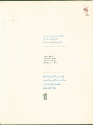 Item #266930 Flight: A Story by John Steinbeck (book prospectus only). John Steinbeck, Wallace...
