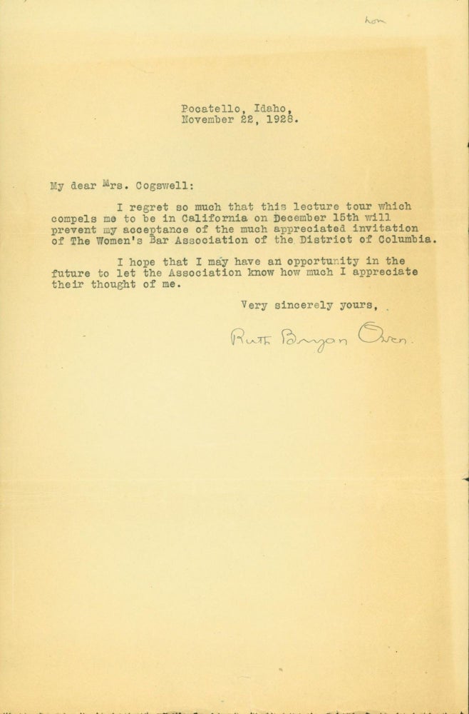 Item #267049 typed letter signed. Ruth Bryan Owen.