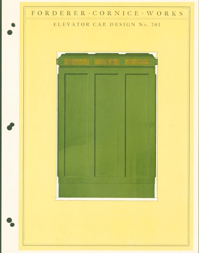 Item #267711 Elevator Car Design No. 701, 701 with details, 715, 777 (4 plates). Forderer Cornice Works.
