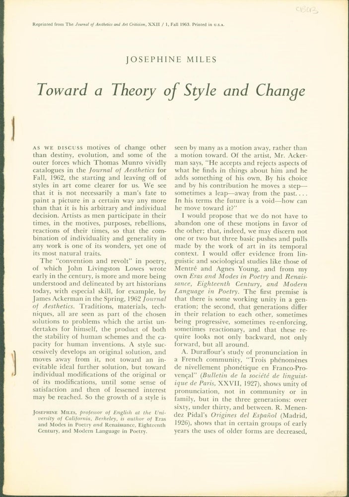 Item #268106 Towards a Theory of Style and Change. Josephine Miles.