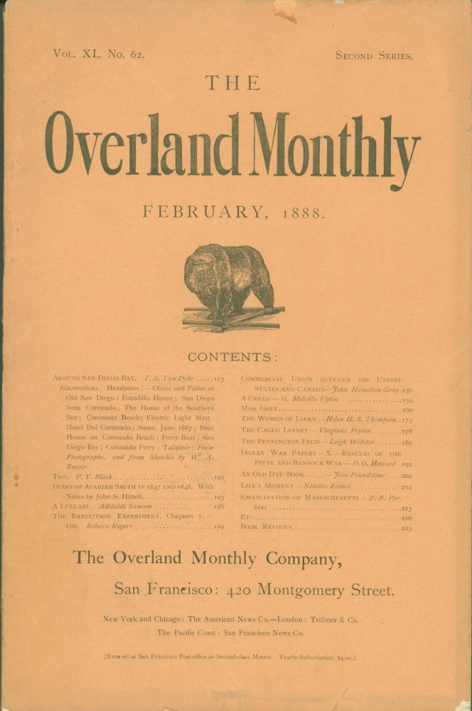 Item #269569 The Overland Monthly, Vol. XI, No. 62. Second Series. February, 1888. (Contains 'Around San Diego Bay'). T. S. Van Dyke.