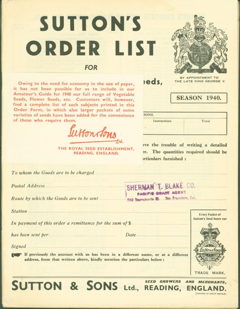 Item #269648 Sutton's Order List for Flower Seeds, Vegetable Seeds, Agricultural Seeds, &c.. Season 1938. Season 1940. (2 catalogues). Sutton, Ltd Sons.
