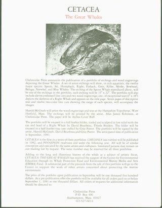 Item #271235 Cetacea: The Great Whales (press announcment, single sheet). Wth single sheet on...