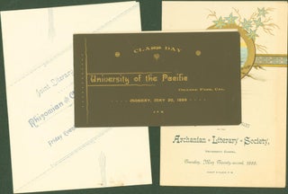 University of Pacific (ephemera): Pacific Pharos, Vol. 2, No. 8, November 2, 1887; Thirty-fourth Anniversary of the Archanian Literary Society, 1888 (program); Joint Literary Entertainment Rhizomian Archanian Literary Societies, 1888 (program); Class Day, College Park, 1889 (program); Commencement Week, May 19 to 23, 1889 (program) (5 items)