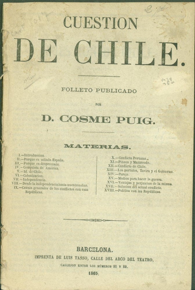 Item #272758 Cuestion de Chile. D. Cosme Puig.