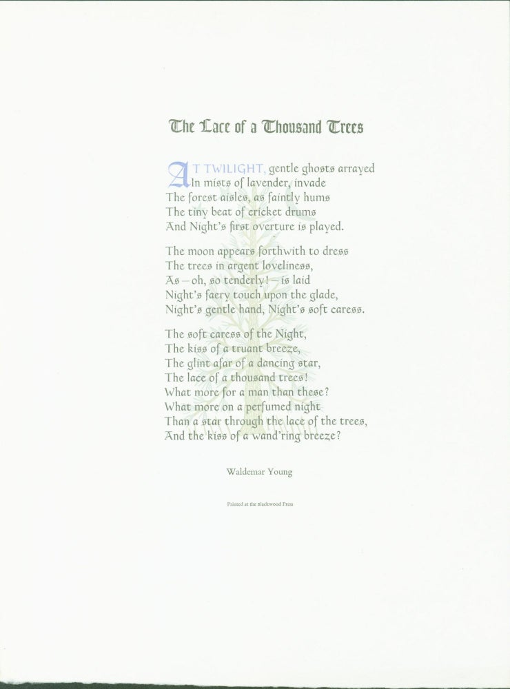 Item #274107 The Lace of a Thousand Trees (broadside). Waldemar Young.
