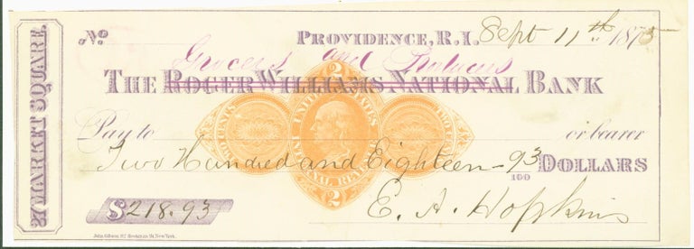 Item #274267 The Grocers and Producers Bank, Providence, Rhode Island, 1875 (check)