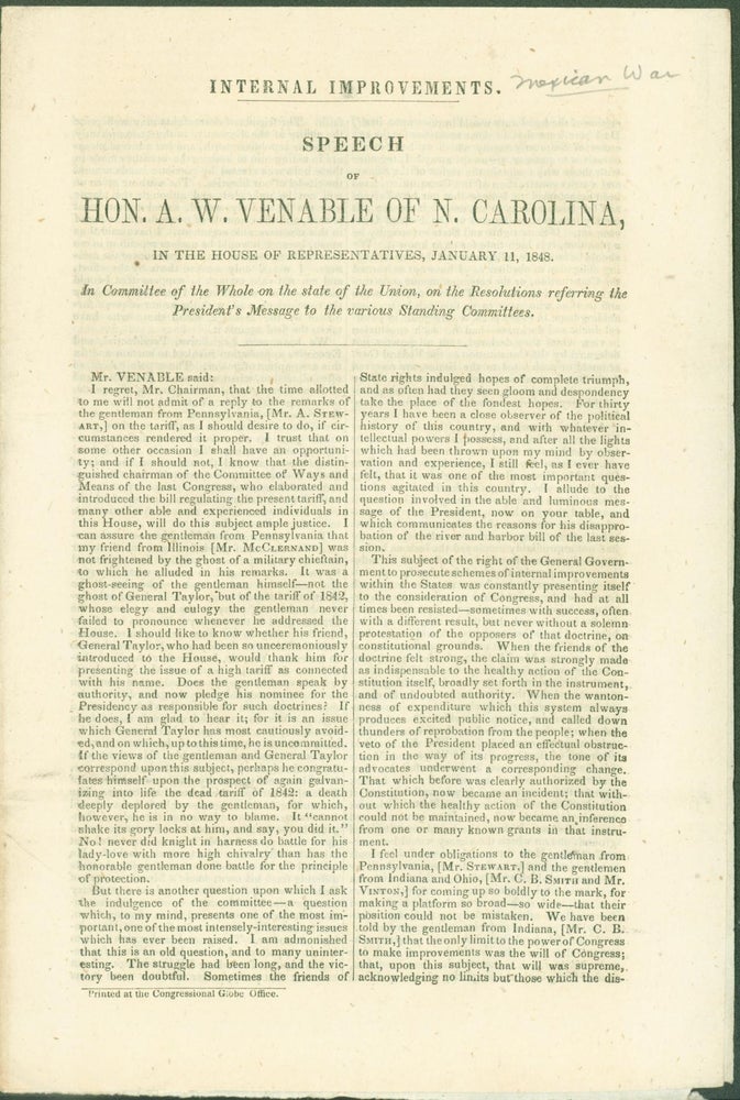 Item #274458 Speech of Hon. A. W. Venable of N. Carolina, in the House of Representatives, January 11, 1848. W. Venable, braham.