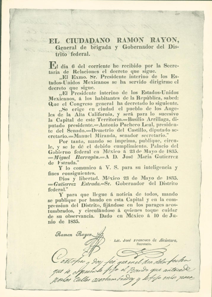 Item #274608 El Cuidadano Ramon Rayon, General de brigada y Gobernador del Distrito federal (printed decree). Ramon Rayon.