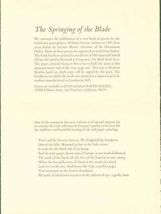 Item #275106 The Springing of the Blade (prospectus). William. David McGee Everson, publisher