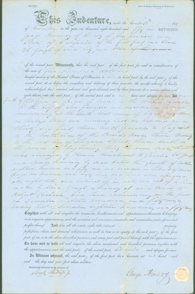 Item #275354 Indenture between Charles H. Gough and George Kennedy, San Francisco, November 12, 1851. Charles Gough, George Kennedy. John McGlynn, County Recorder.
