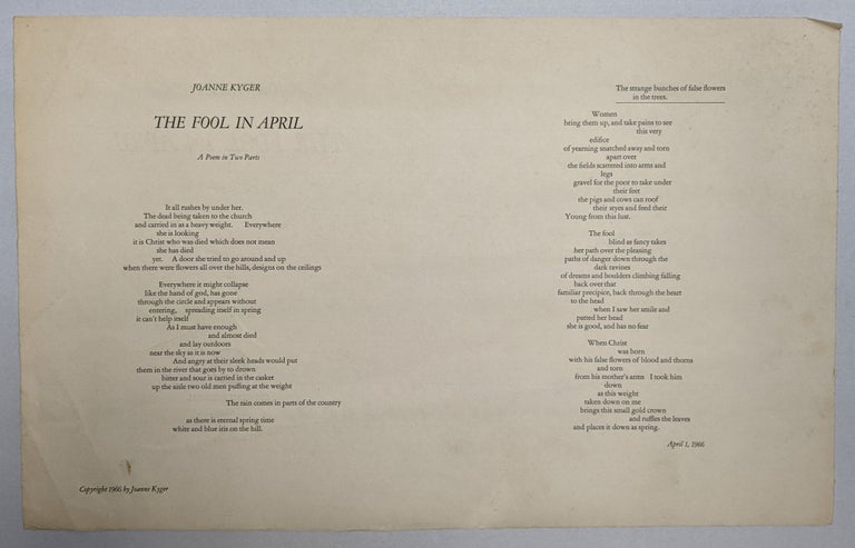 Item #278062 The Fool in April: A Poem in Two Parts (broadside). Joanne Kyger.