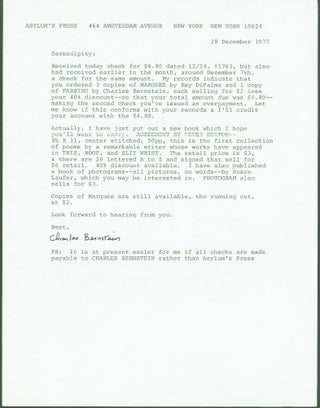 Item #278737 Typed letter signed. Charles Bernstein