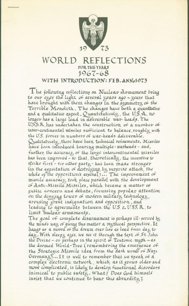 Item #279201 World Reflections for the Years 1967-68 with Introduction: Feb. Anno 1973 (nuclear disarmament). ?Wilkie.