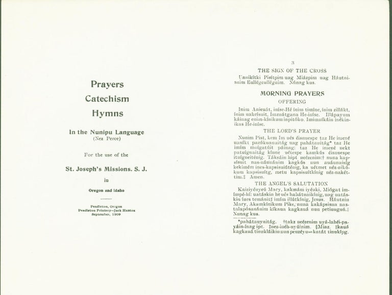 Item #279213 Prayers Catechism Hymns in the Nunipu Language (Nez Perce) for the use of the St. Joseph's Missions, S.J. in Oregon and Washington (1 sheet fragment only). Joseph Mary Cataldo, Charles J. O'Reilly.