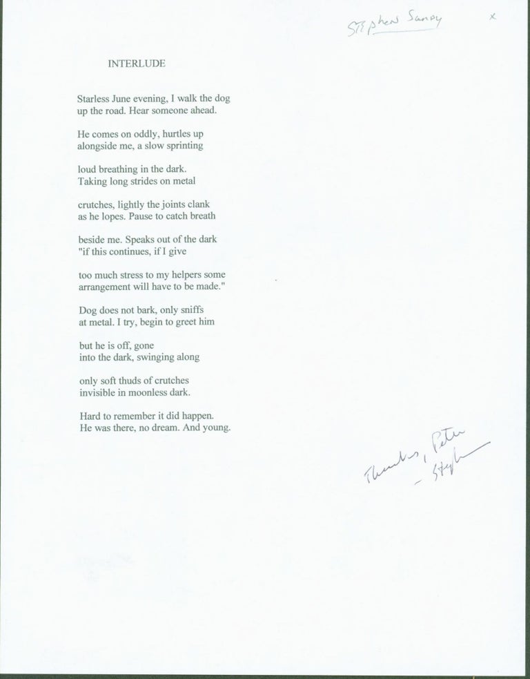 Item #279339 Interlude (typed poem signed). Stephen Sandy.