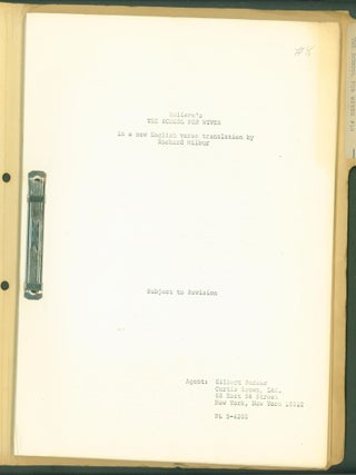 Item #280345 The School for Wives. Richard Moliere. Wilbur