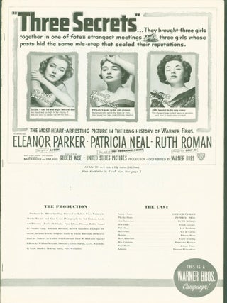 Item #280925 Three Secrets (pressbook). Martin Rackin, Gina Kaus . Robert Wise . Milton Sperling,...