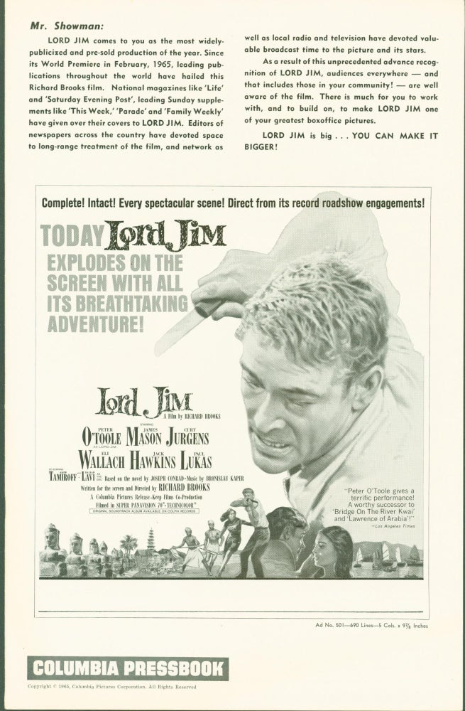 Item #280935 Lord Jim (pressbook). Richard . Joseph Conrad Brooks, screenplay/director, author.