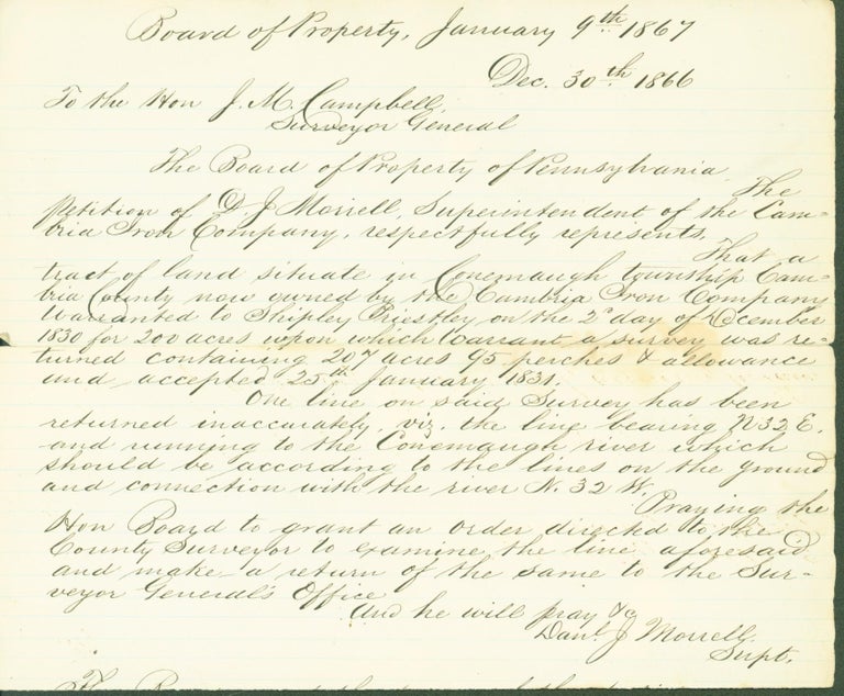 Item #281174 autograph letter signed from Board of Property, Surveyor General's Office of Pennsylvania, Harrisburg. J. M. Campbell, surveyor general.