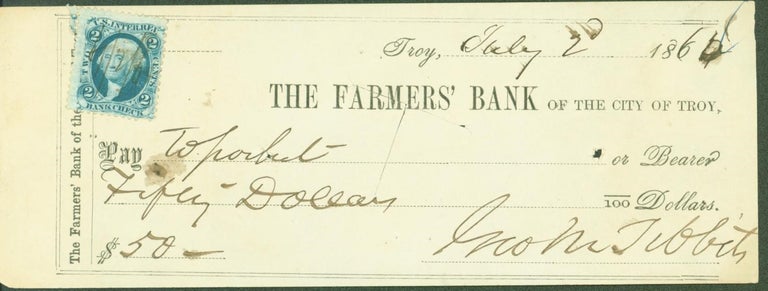 Item #281214 The Farmers' Bank of the City of Troy (check). Geo. M. Tibbets.