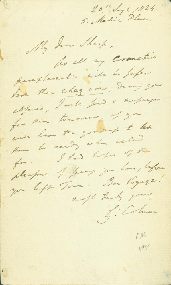 Item #281505 Autograph letter signed. George Colman, the Younger.