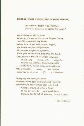 Item #281543 General Wang Refuses the Dragon Throne (broadside). Lee Anderson