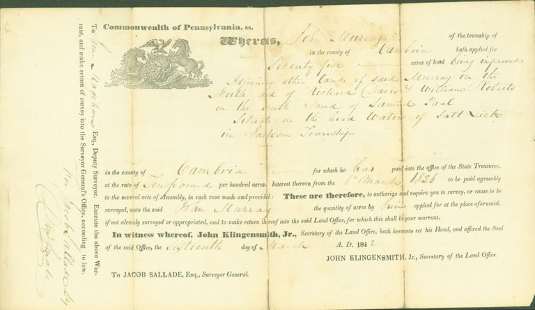Item #281558 Document for Land Purchase Commonwealth of Pennsylvania, 1842. John John Klingensmith Murray, land purchaser, secretary of land office.