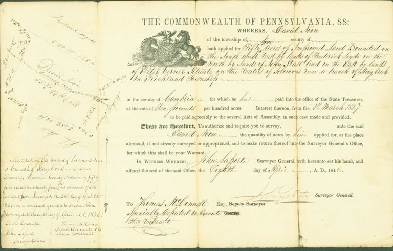 Item #281574 Document for land purchase Commonwealth of Pennsylvania, 1846. David . David Laporte Noon, land purchaser, surveyor general.