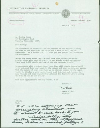 Item #281905 Typed letter signed with holograph addendum. James D. Waring Jones Hart