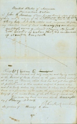 Item #285980 Preemtion [sic] Notice (San Joaquin County, 1854). John R. Marshall