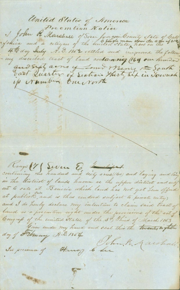 Item #285980 Preemtion [sic] Notice (San Joaquin County, 1854). John R. Marshall.