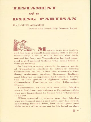 Item #286092 Testament of a Dying Partisan. Louis Adamic